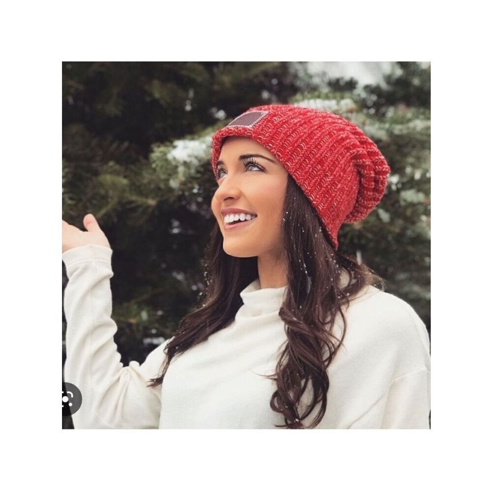 Love Your Melon OS Red Blue White Chunky Knit Slouchy Beanie Hat